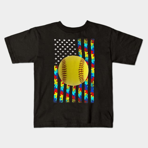 Autism Awareness Flag Softball Player Kids T-Shirt by Magic Ball